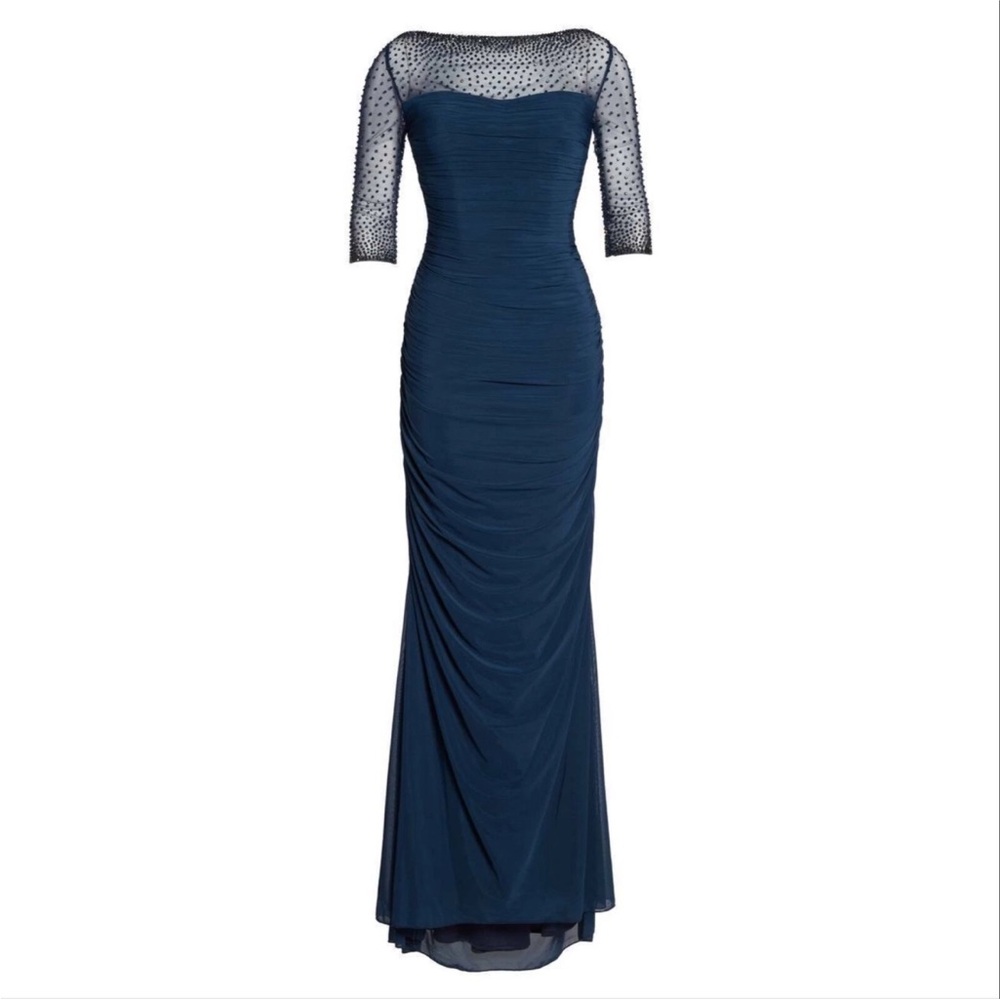 La Femme Navy Ruched Rhinestone Shoulder Gown - Picture 2 of 13